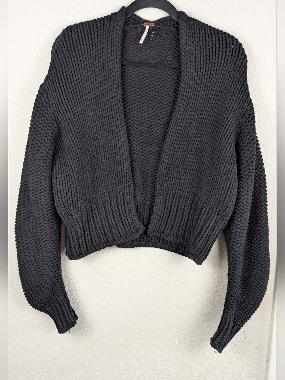 Free People Chunk Knit Cardigan M Black Cropped LS My Only Sunshine